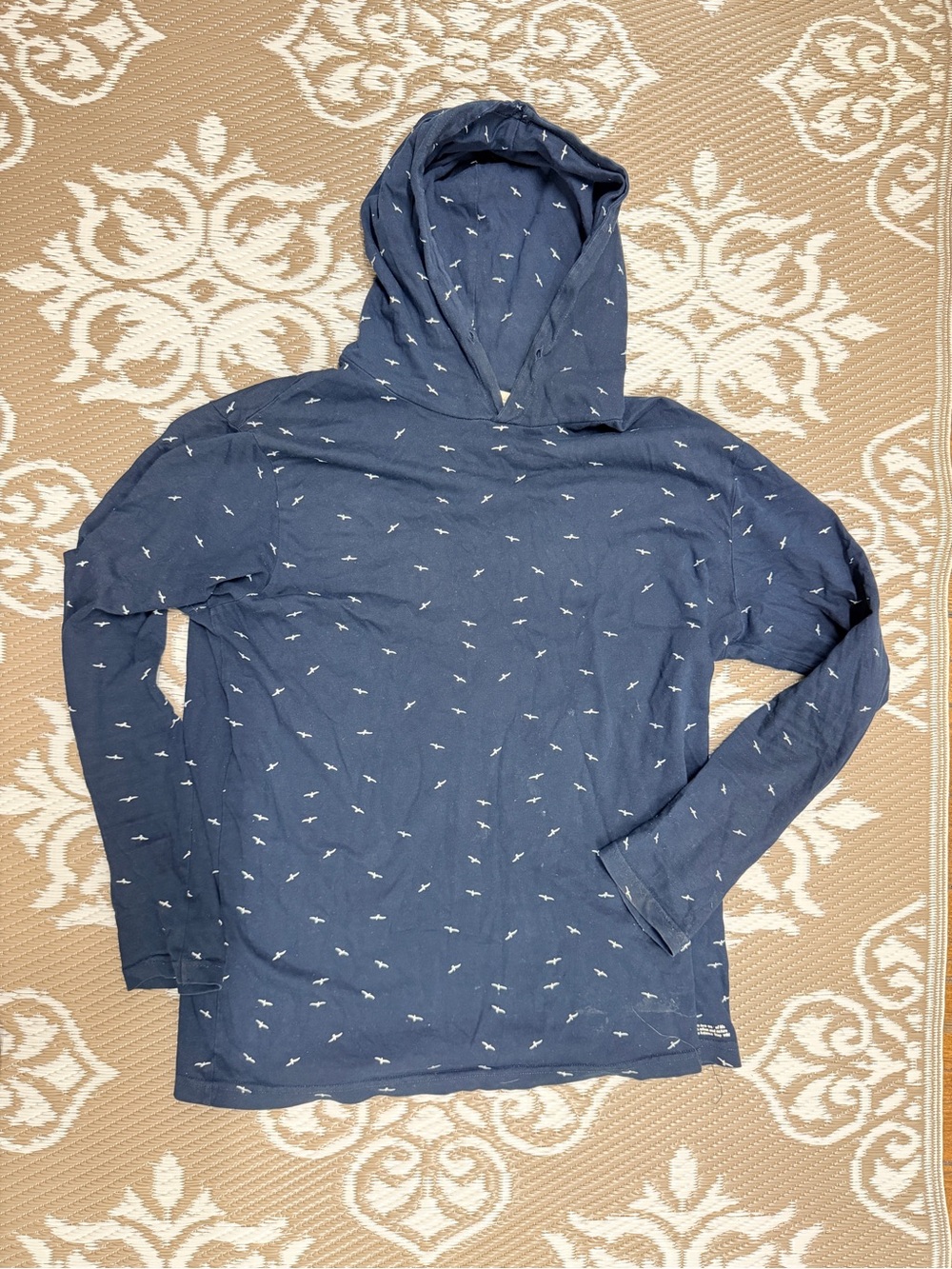 Denim & Flower Navy Hooded Long Sleeve Top with Small White Bird Pattern